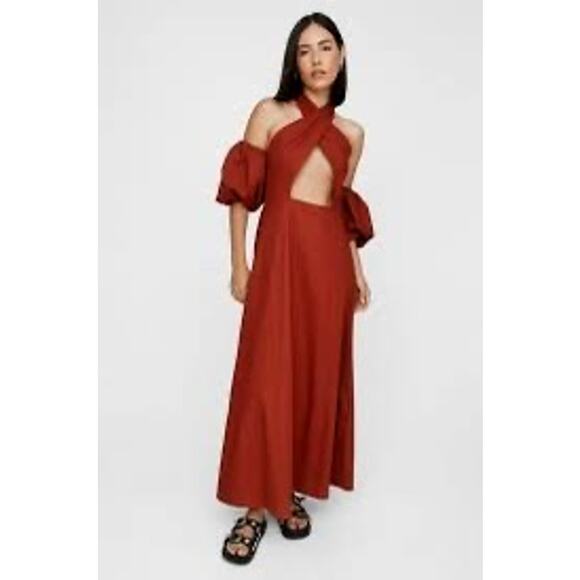 Nasty Gal Dresses & Skirts - Nasty Gal NWT halter cut out puff sleeve maxi dress in rust gorgeous size 2